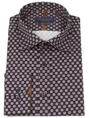 Guide London Navy Circle Geo Print Long Sleeve Button Up Shirt/0508